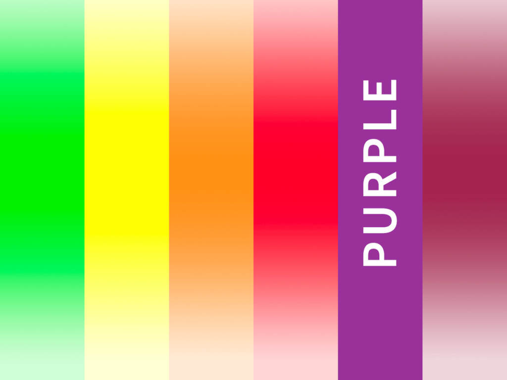 A spectrum of colors: green, yellow, orange, red, purple, maroon.