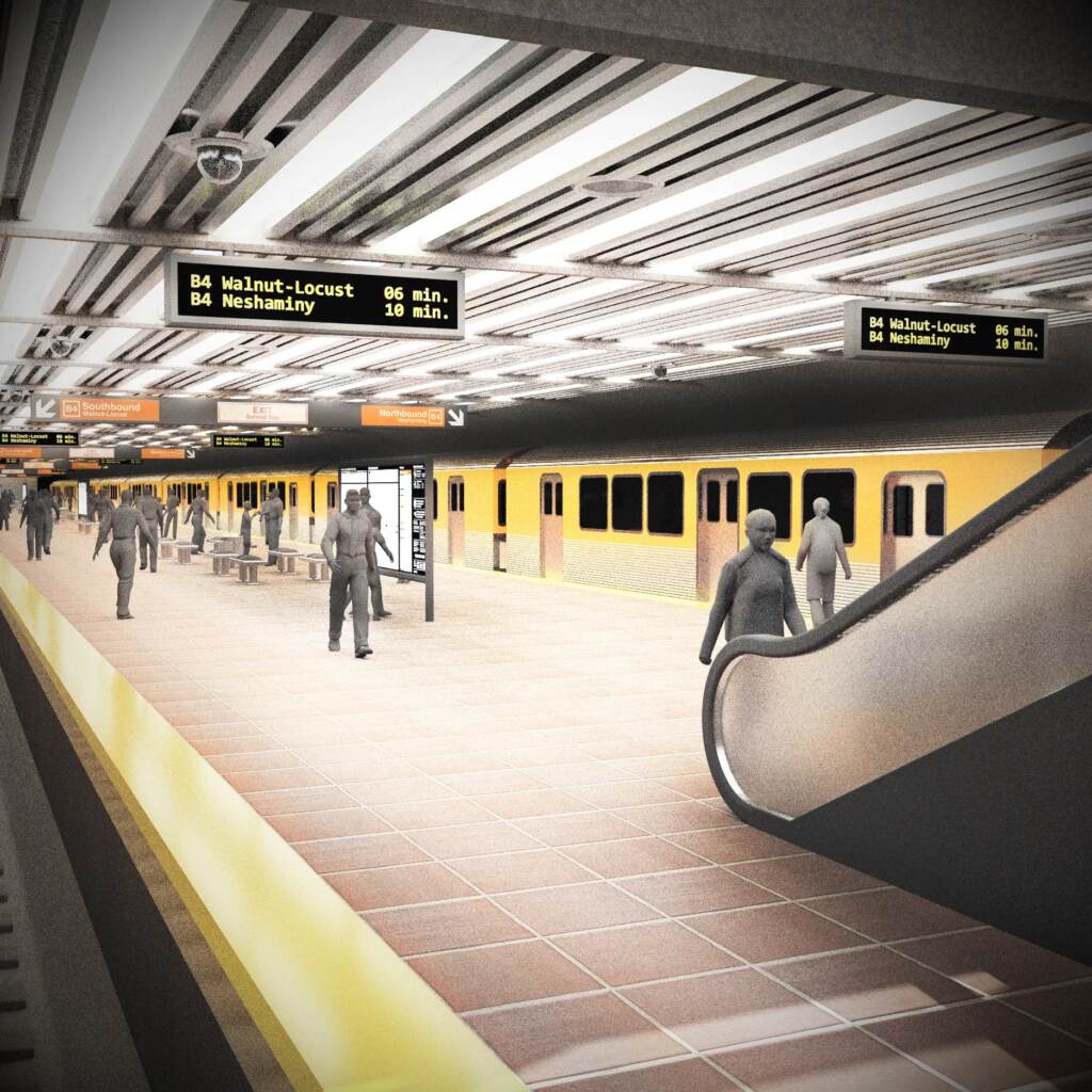 Station-level interior rendering of the potential Rising Sun Station for the proposed Roosevelt Boulevard Subway line