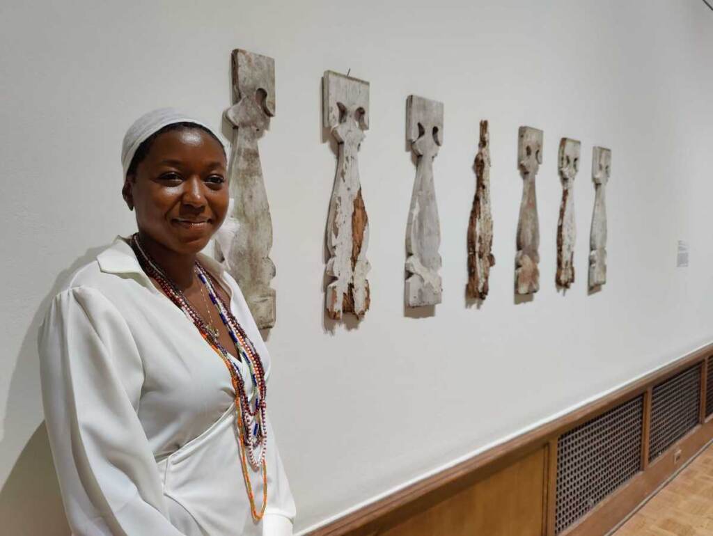 songs-ritual-remembrance-4 Artist Adebunmi Gbadebo stands with her piece “Remains, piece of Balcony Baluster, 1848,