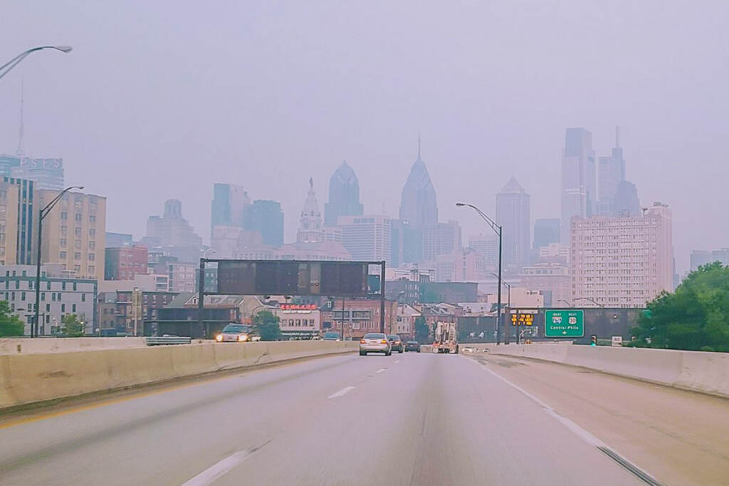 wildfirehaze-philly The Philadelphia skyline is barely visible through the haze just before 6 a.m. on the morning of Wednesday, June 7.