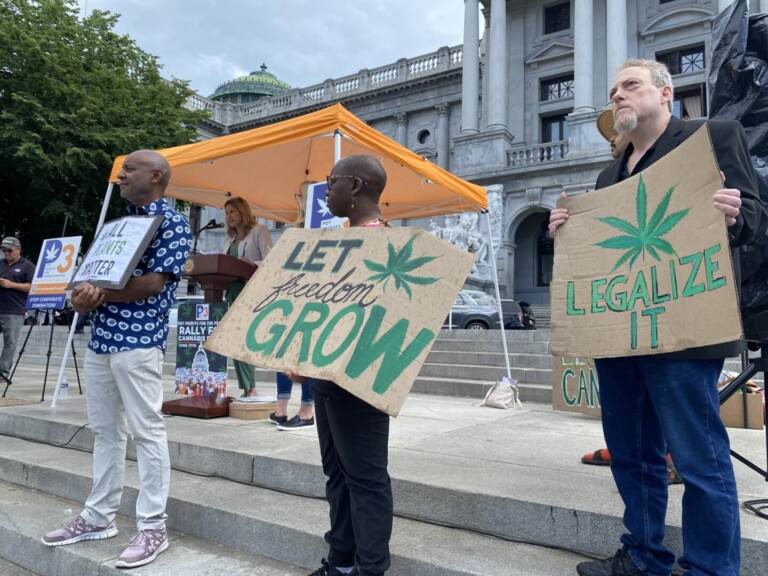 Supporters of legalizing cannabis for adult-use rally outside the state Capitol in Harrisburg on June 27, 2023. In Pennsylvania, some lawmakers have argued changes are needed to improve the medical marijuana program and prevent Pennsylvania residents from traveling to neighboring states that have legalized adult-use marijuana.