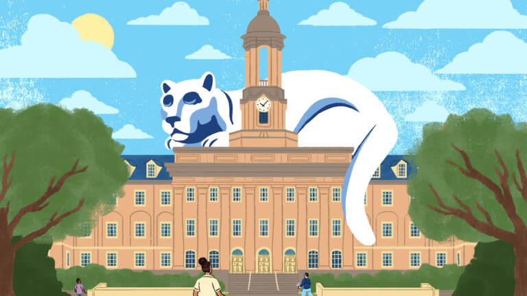 An illustration of the Nittany Lion sleeping on top of Old Main.
