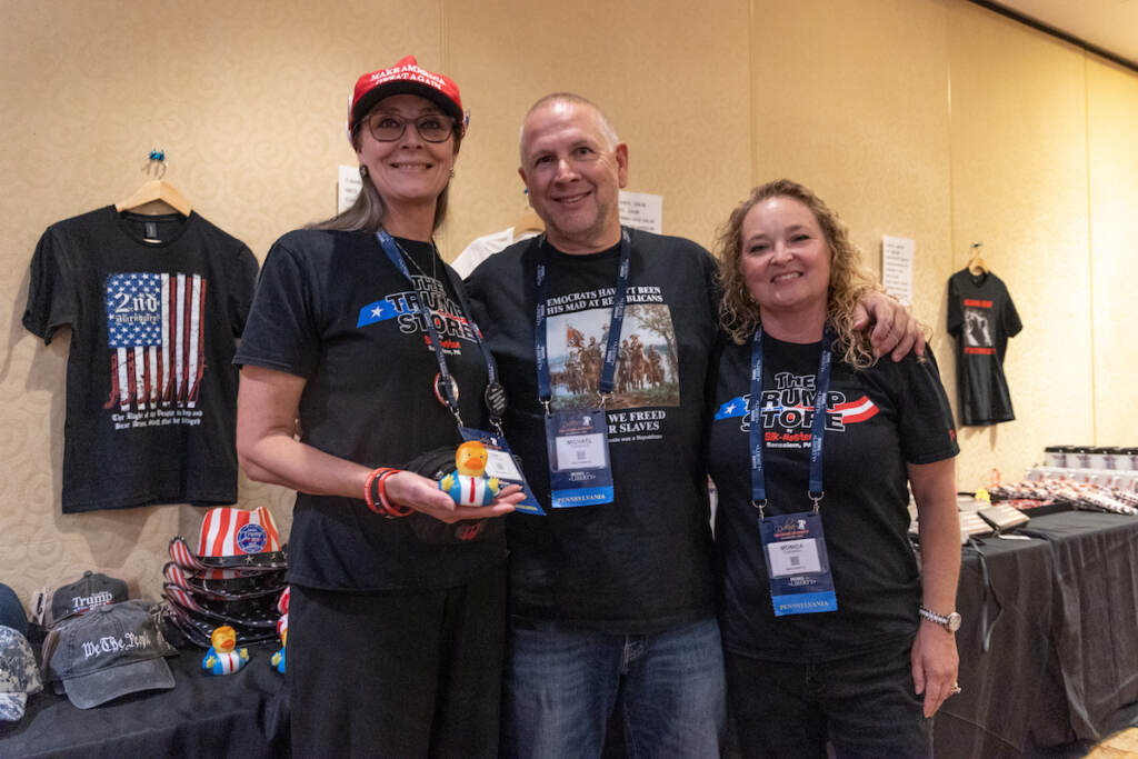 Lisa Von Deylen, a Republican committee person in Bucks County (left) joined friends Michael (center) and Monica Domanico (right), owners of the Trump Store in Bensalem, Pa., as they posed for a photo.