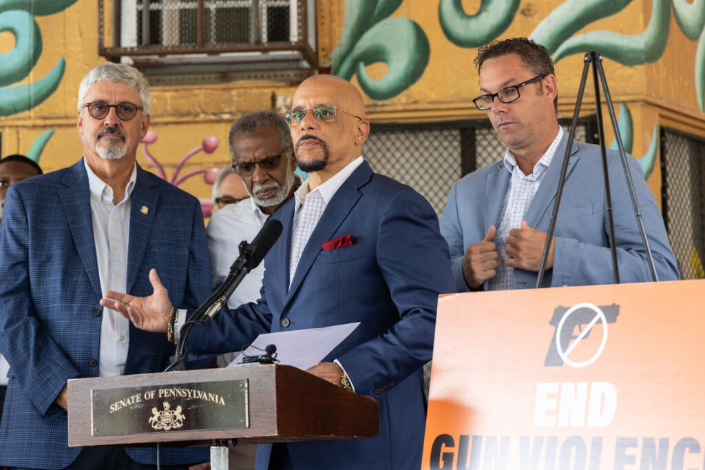 07 19 2023 k paynter gun laws in Pa press conference Pa. state Senator Vincent Hughes speaking at a podium.
