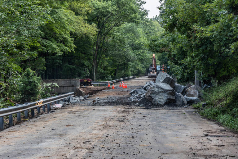 A damaged road is shown in Upper Makefield