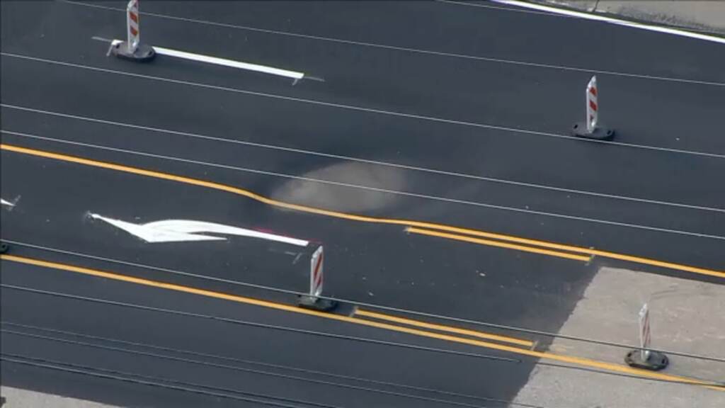 202-repairs This image from Chopper 6 shows the pavement failure on Route 202 NB in the same area that had to be closed just one week before.