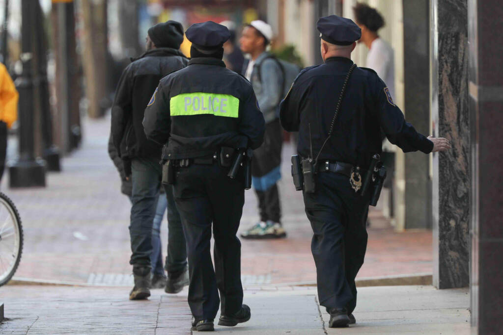 News 2020 – Mar 26 – Wilmington Delaware sees a reduction in activity due to the stay at home order. Police officers patrol