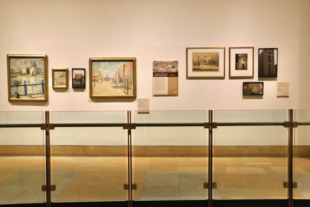 2023 06 27-e lee-philadelphia pennsylvania academy of fine arts-seeing philadelphia atwater kent drexel paintings Photos and paintings are hung on a wall.