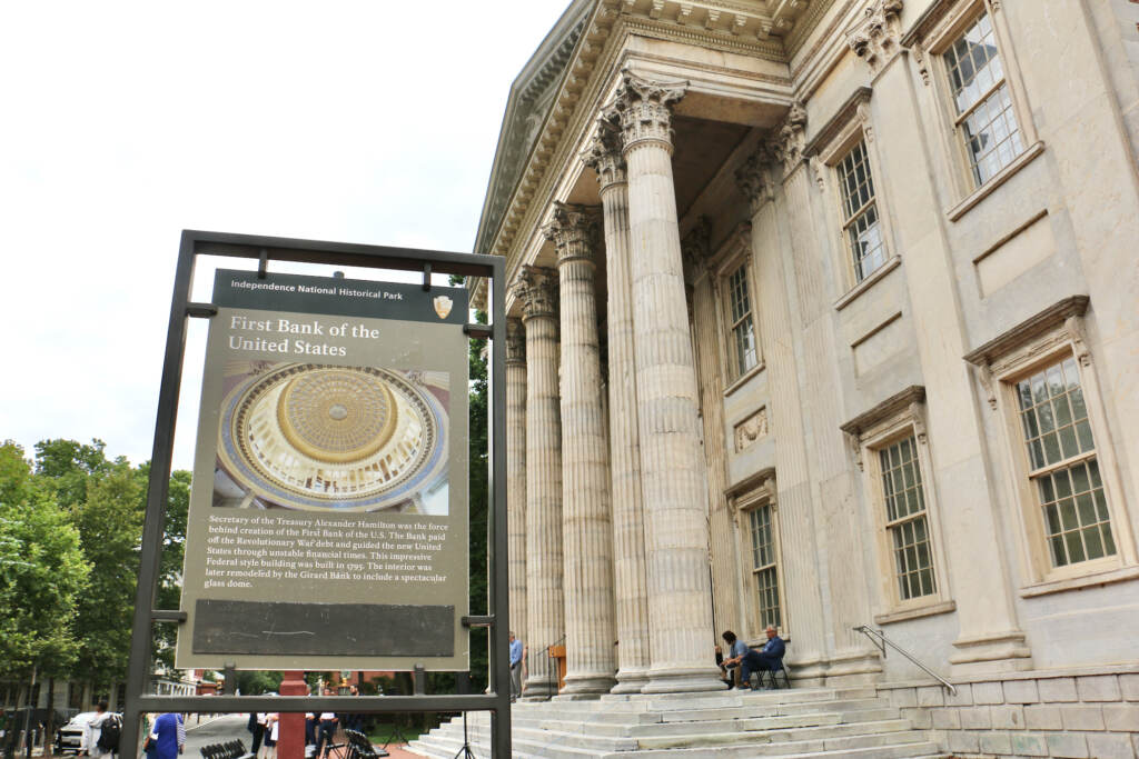 2023 07 10-e lee-philadelphia first bank of the united states-museum of the economy sign The First Bank of the United States, at the corner of 3rd and Chestnut streets, will soon begin a $50 million renovation to turn this in into a museum of the American economy. (Emma Lee/WHYY)