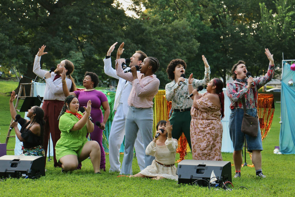2023 07 26-e lee-philadelphia clark park-shakespeare two gentlemen of verona cast The cast of Shakespeare in Clark Park's ''Two Gentlemen of Verona'' perform the opening number of the 1971 rock musical version in Clark Park.