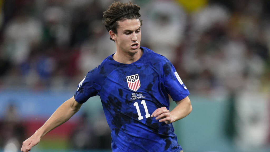 Brenden Aaronson of the United States in action during the World Cup group B soccer match between Iran and the United States at the Al Thumama Stadium in Doha, Qatar, Tuesday, Nov. 29, 2022