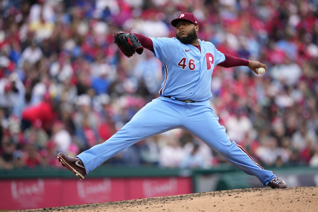 Philadelphia Phillies' Jose Alvarado pitches during the eighth inning of a baseball game against the Atlanta Braves, Thursday, June 22, 2023, in Philadelphia