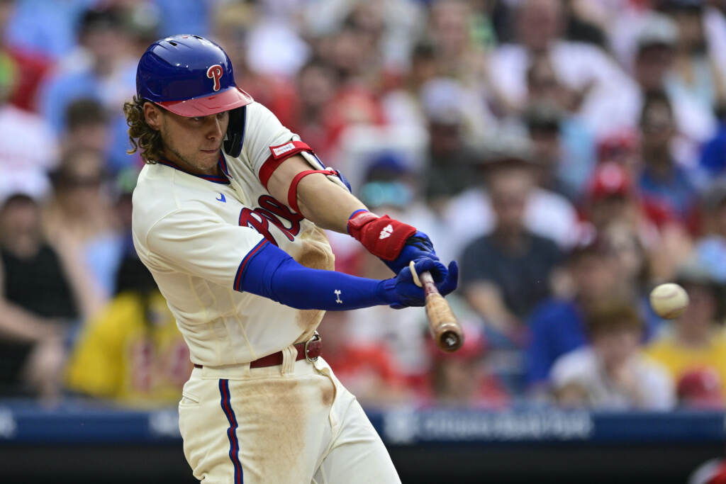 Alec Bohm Philadelphia Phillies' Alec Bohm hits an RBI-single off Washington Nationals' Thaddeus Ward during the fifth inning of a baseball game, Saturday, July 1, 2023, in Philadelphia.