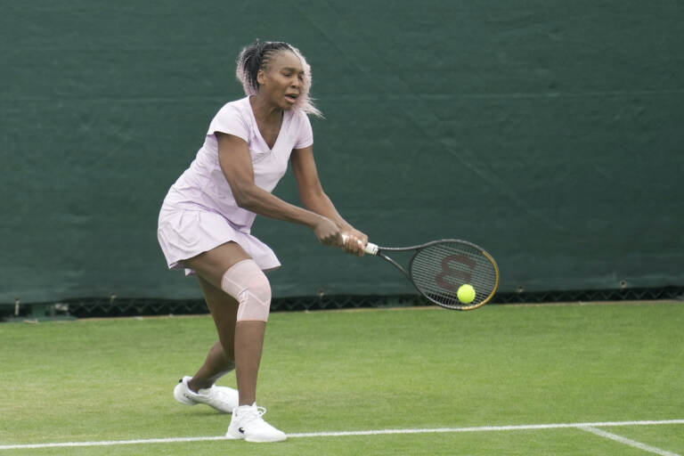 Venus Williams takes part in a practice session ahead of the Wimbledon tennis championships at Wimbledon,