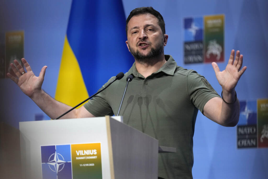 Lithuania NATO Summit Ukraine's President Volodymyr Zelenskyy addresses a media conference at a NATO summit in Vilnius, Lithuania, Wednesday, July 12, 2023. The United States and other major industrialized nations are pledging long-term security assistance for Ukraine as it continues to fight Russia's invasion.