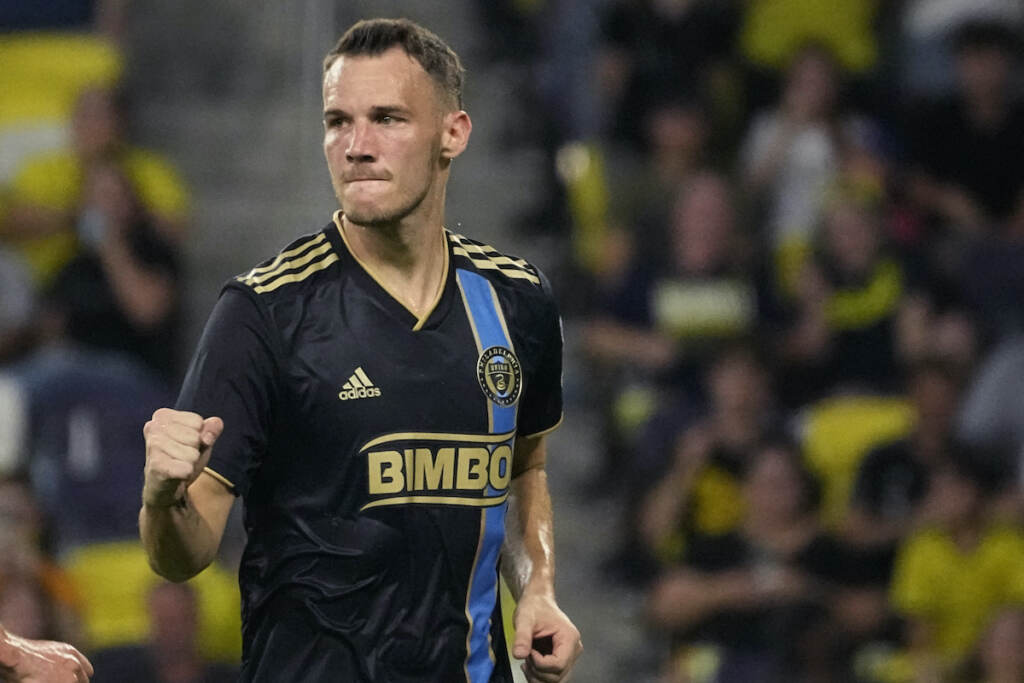 MLS Union Nashville Soccer Philadelphia Union midfielder Déniel Gazdag celebrates a goal on his penalty kick against Nashville SC during the first half of an MLS soccer match Wednesday, July 12, 2023, in Nashville, Tenn.