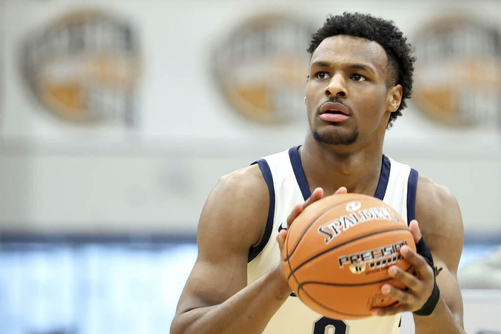 File photo: Sierra Canyon's Bronny James warms up at halftime during a high school basketball game against Christopher Columbus at the Hoophall Classic, Monday, January 16, 2023, in Springfield, Mass.
