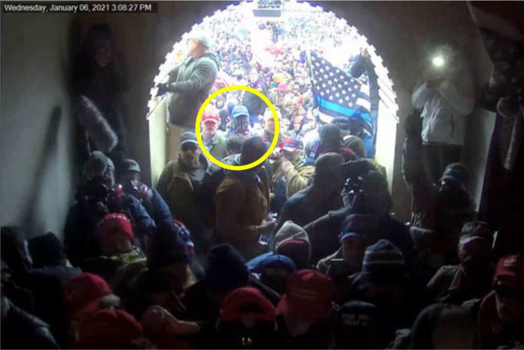 This image of Larry Fife Giberson, circled in annotation by the Justice Department in the Statement of Facts supporting the arrest Giberson, shows him outside the U.S. Capitol on Jan 6. 2021.