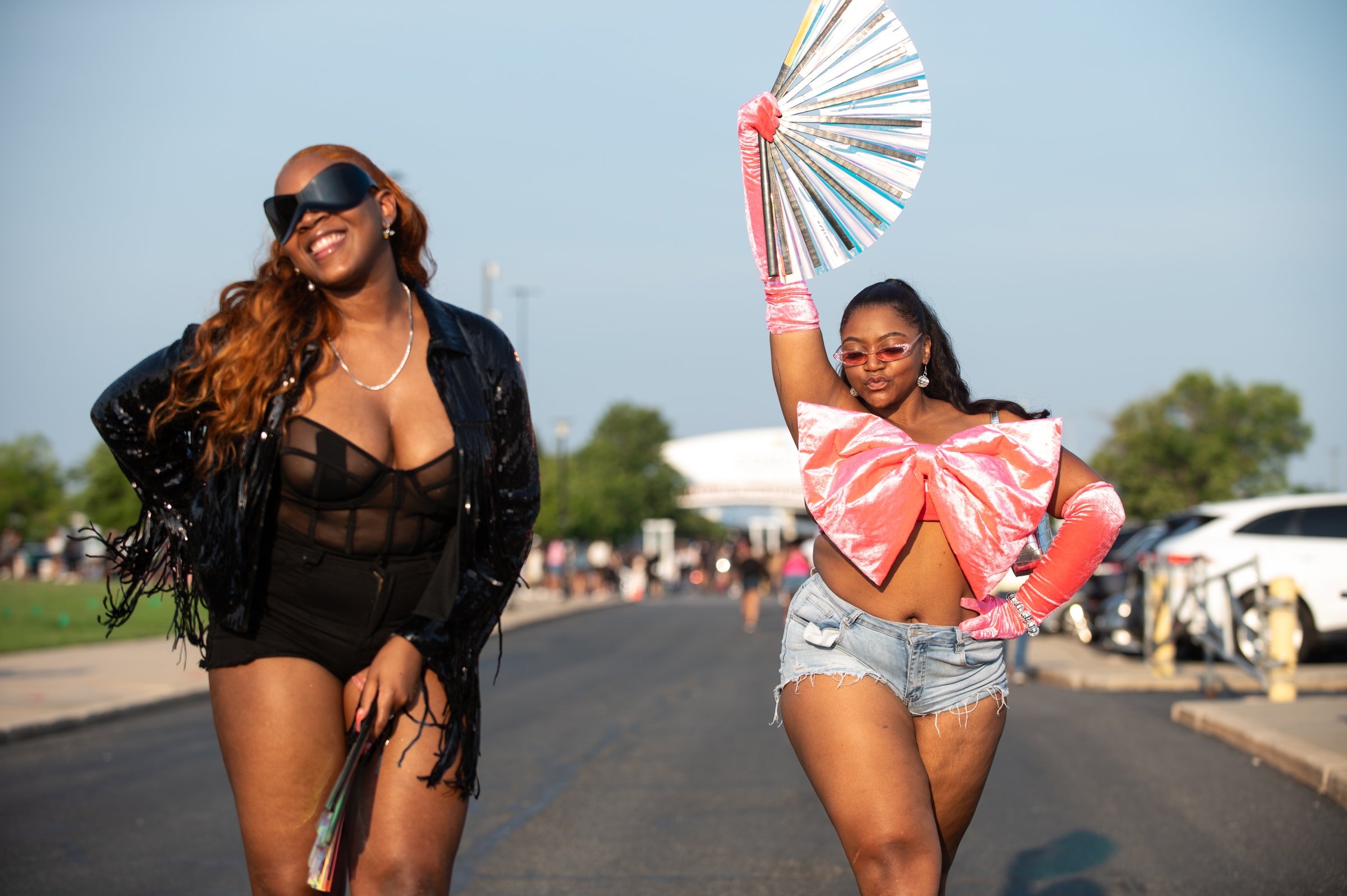 Deej, 28, and her best friend Chaz, 28, traveled from Baltimore to attend the Philadelphia leg of Beyoncé’s Renaissance Tour at Lincoln Financial Field. “We are the drama,” they said while strutting to the entrance of the show. (Erin Blewett for Billy Penn)