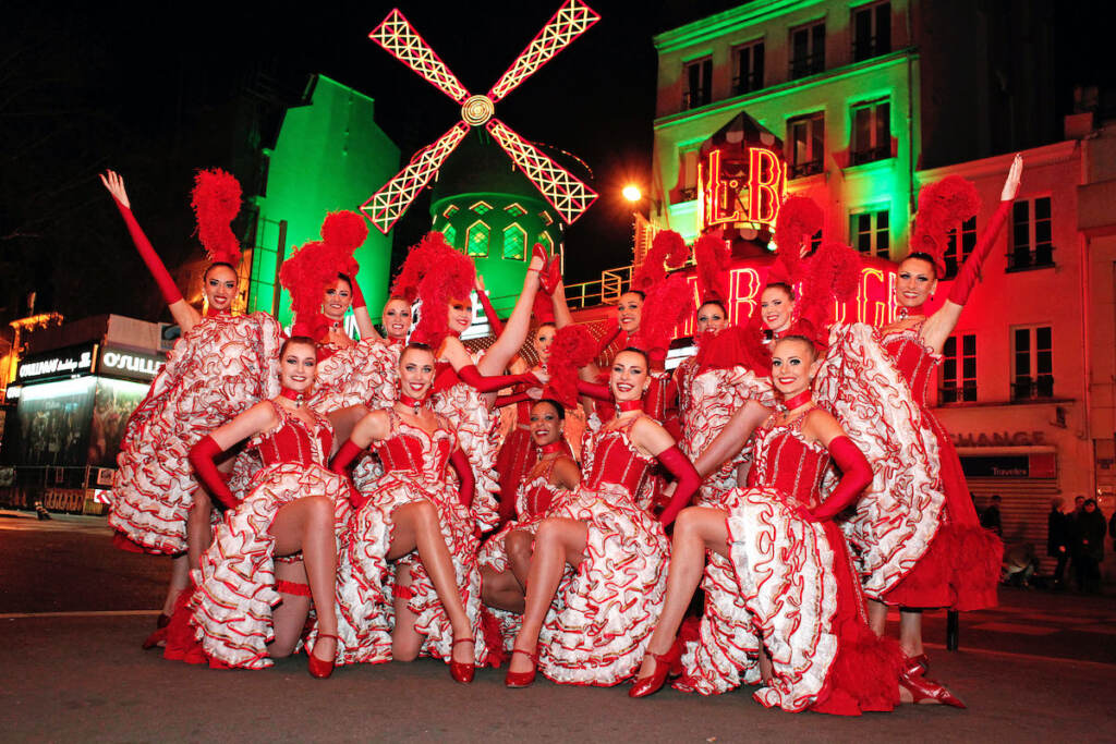 France Moulin Rouge Dancers line up in front of the Moulin Rouge cabaret