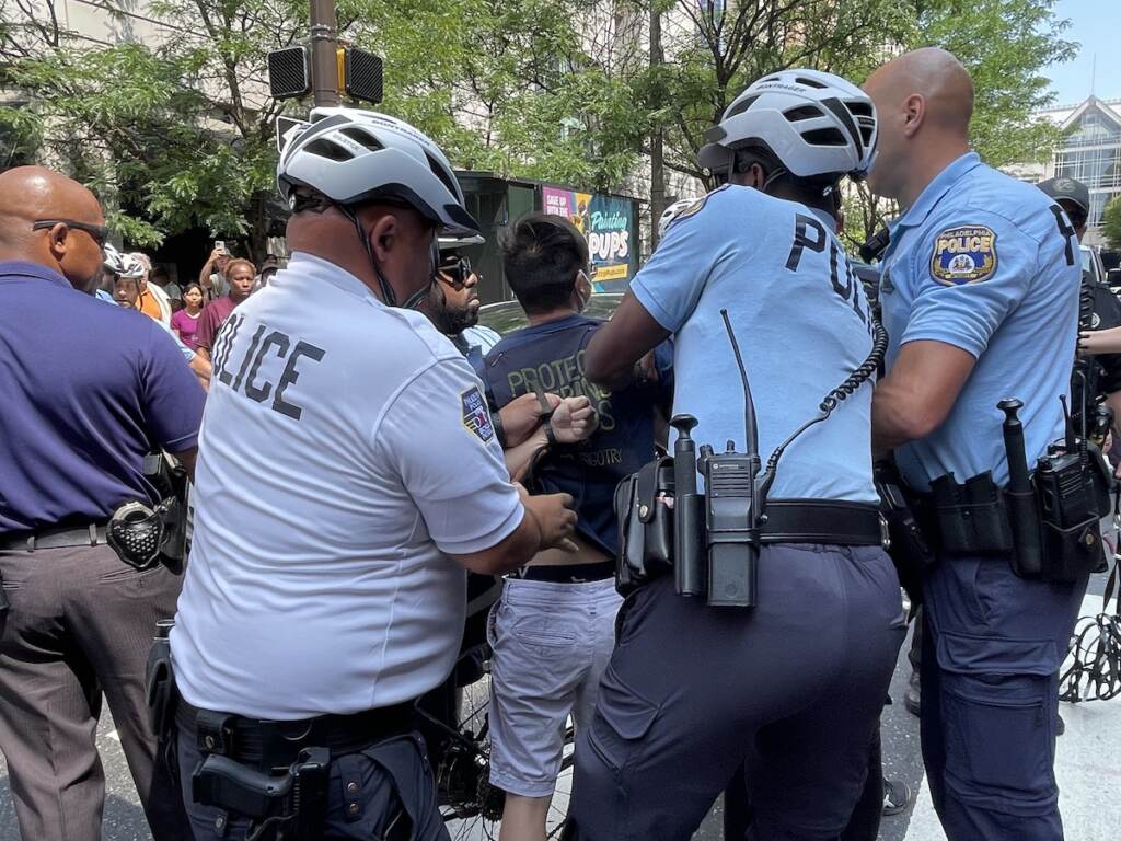 IMG_3011 Multiple arrests were made this weekend during Moms For Liberty Summit protests, including six on Sunday for blocking traffic outside of the Marriott Hotel in Center City.