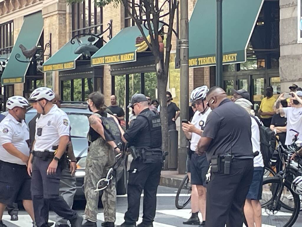 Multiple arrests were made this weekend during Moms For Liberty Summit protests, including six on Sunday for blocking traffic outside of the Marriott Hotel in Center City. (Nico Wesler, Courtesy of ACT UP Philadelphia)
