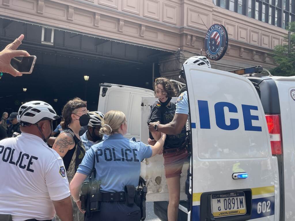 Multiple arrests were made this weekend during Moms For Liberty Summit protests, including six on Sunday for blocking traffic outside of the Marriott Hotel in Center City. (Nico Wesler, Courtesy of ACT UP Philadelphia)