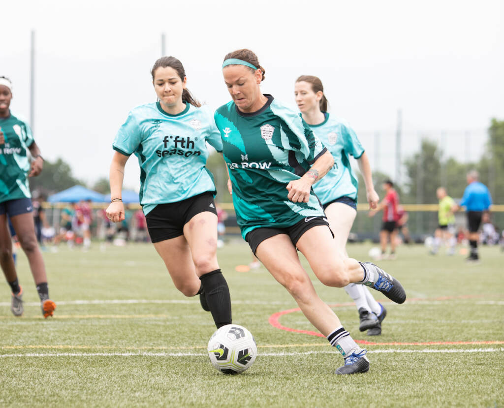 Women playing soccer