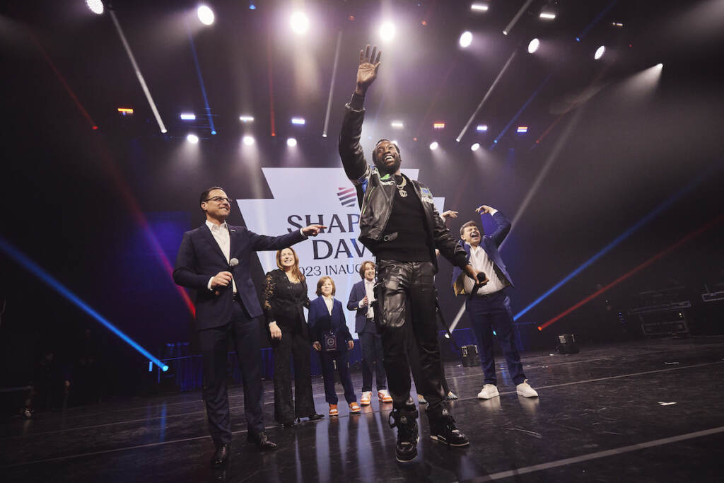 Meek Mill appears with Gov. Josh Shapiro and his family during the governor's inauguration party in January 2023.