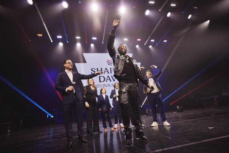 Meek Mill appears with Gov. Josh Shapiro and his family during the governor's inauguration party in January 2023.