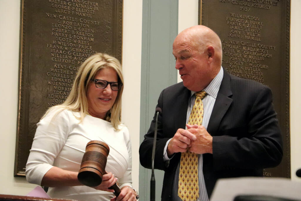 Speaker of the House Valerie Longhurst and outgoing Speaker Pete Schwartzkopf