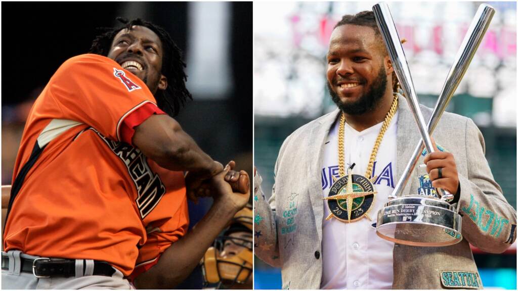 Vladimir Guerrero sr jr 2 box Los Angeles Angels' Vladimir Guerrero Sr. (left) watches one of his home runs in the third round of the All-Star Home Run Baseball Derby in San Francisco, July 9, 2007. AAmerican League's Vladimir Guerrero Jr. (right), of the Toronto Blue Jays, holds his trophy after winning the MLB All-Star baseball Home Run Derby in Seattle, Monday, July 10, 2023.