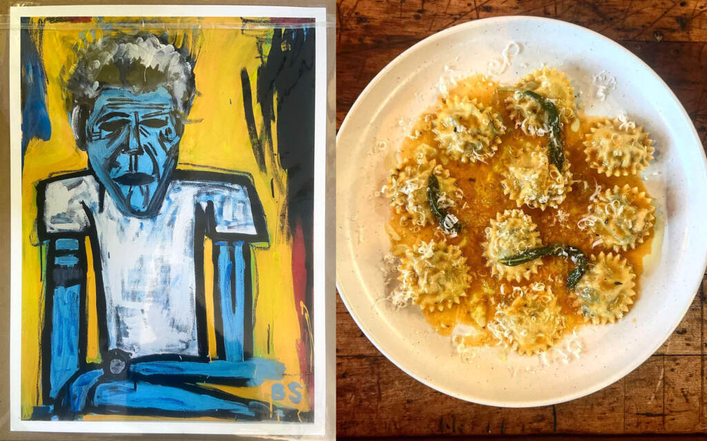 amis-osteria-paintings A painting of Anthony Bourdain on the left. On the right, a plate of pasta.