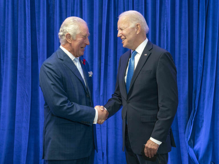 Britain's Prince Charles, left, greets President of the United States Joe Biden ahead of their bilateral meeting during the Cop26 summit at the Scottish Event Campus (SEC) in Glasgow, Scotland, Tuesday, Nov. 2, 2021.