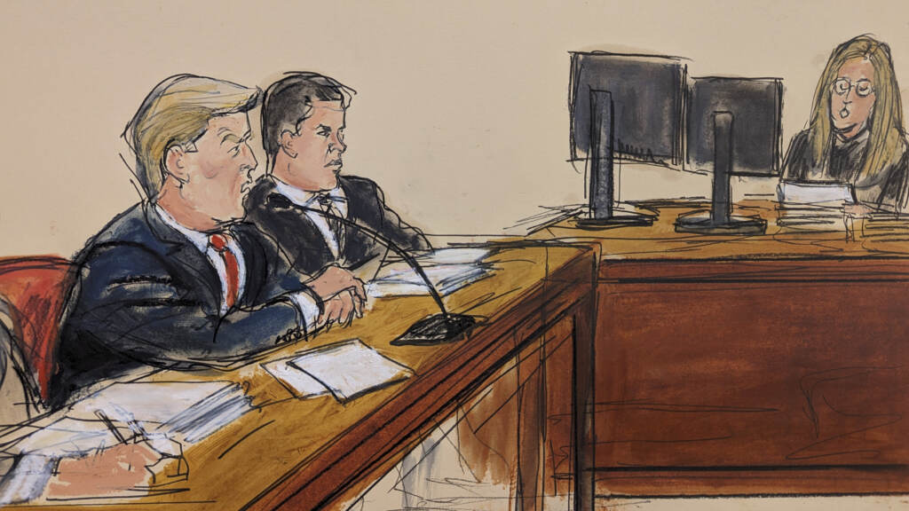 This artist sketch depicts former President Donald Trump, far left, pleading not guilty as the Clerk of the Court reads the charges and asks him "How do you plea?"