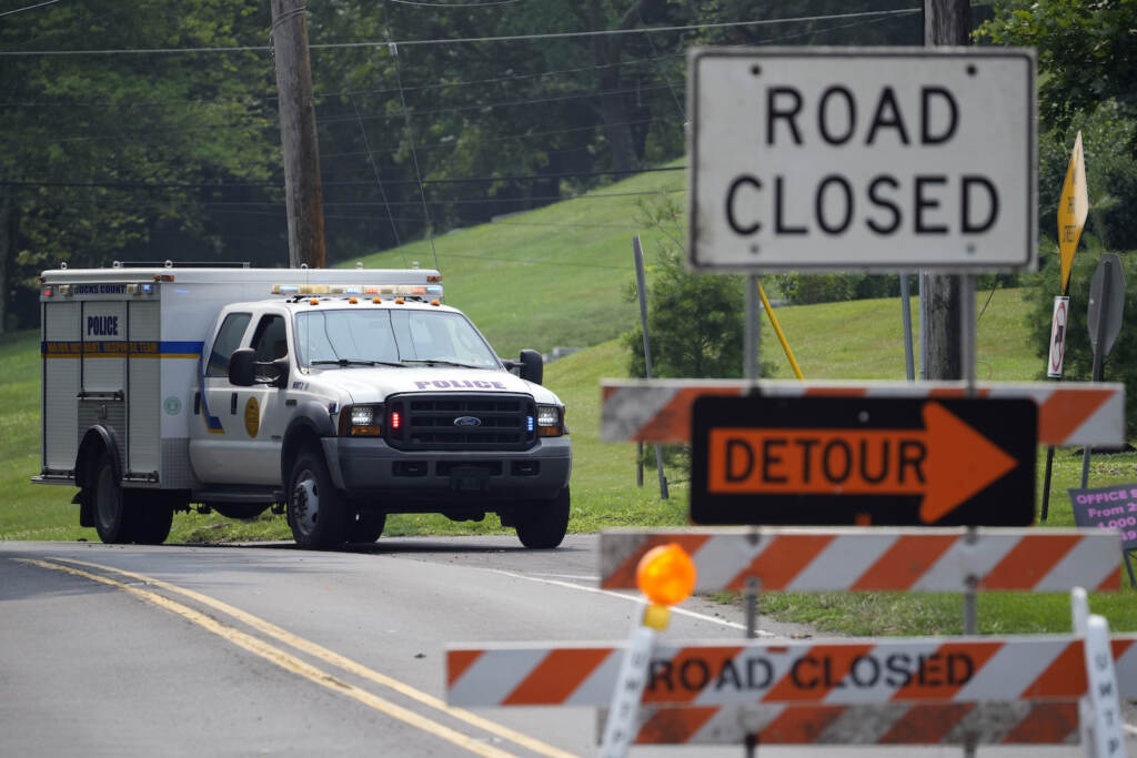 A 'road closed' sign is seen in Bucks County
