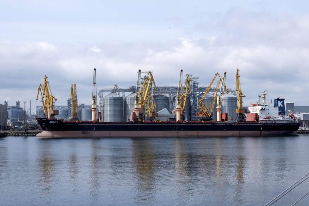 UKRAINE-RUSSIA-CONFLICT-TRANSPORT-WHEAT Bulk carrier ARGO I is docked at the grain terminal of the port of Odessa, Ukraine, on April 10, 2023, from where Ukraine ships wheat according to the grain agreement the country currently has with Russia