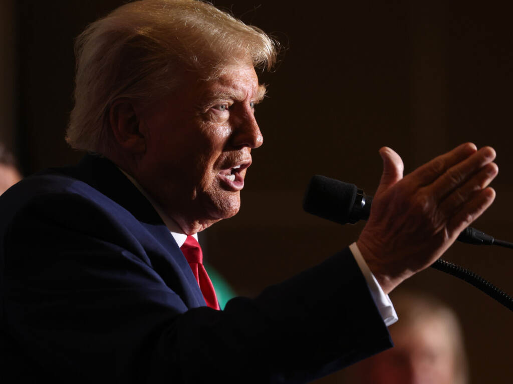 President Trump Speaks In Council Bluffs, Iowa A close-up of President Trump speaking