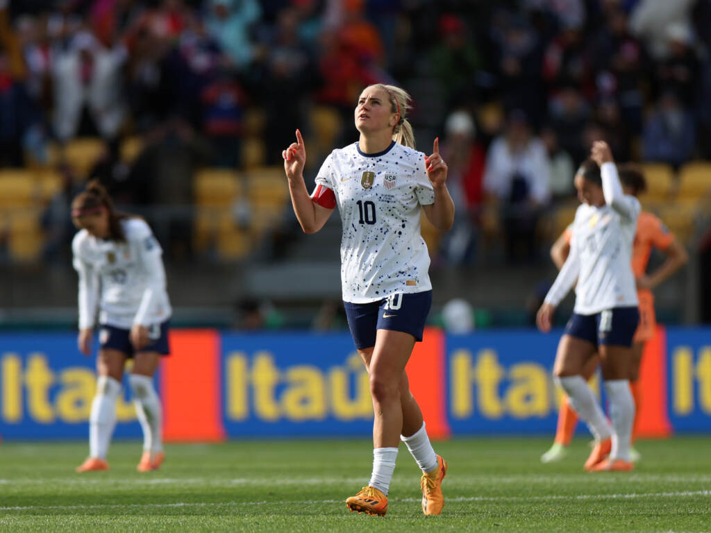 Lindsey Horan of USA celebrates after scoring her team’s only goal against the Netherlands at the 2023 Women’s World Cup group match on July 27, 2023 in Wellington, New Zealand. Lindsey Horan of USA celebrates after scoring her team's only goal against the Netherlands at the 2023 Women's World Cup group match on July 27, 2023 in Wellington, New Zealand.