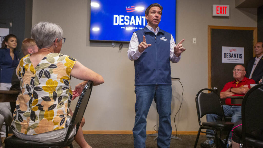 GOP Presidential Candidate Ron DeSantis Holds Iowa Campaign Events Ron DeSantis, governor of Florida, speaks during a campaign event at Olde Boston's Restaurant & Pub in Fort Dodge, Iowa, US, on Friday, July 14, 2023. The Federal Election Commission report due Saturday for the second quarter of 2023 will give indications how effectively DeSantis is reaching average people who donate small amounts, a proxy of grassroots support. Photographer: Rachel Mummey/Bloomberg