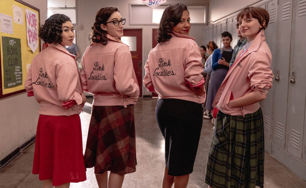 Grease: Rise of the Pink Ladies was recently nominated for two Emmys but it was canceled after one season and has been removed from Paramount+. Above, Tricia Fukuhara as Nancy Nakagawa, left, Marisa Davila as Jane Facciano, Cheyenne Wells as Olivia Valdovinos and Ari Notartomaso as Cynthia Zdunowski.