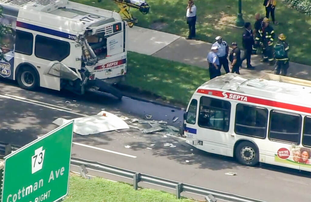 septabus-crash-rooseveltblvd The scene at Shelmire Avenue and Roosevelt Boulevard Friday afternoon after one SEPTA bus crashed into another.