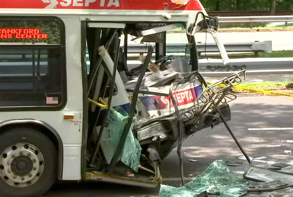 septabus-crash-rooseveltblvd-2 Smashed front section of a bus after a crash