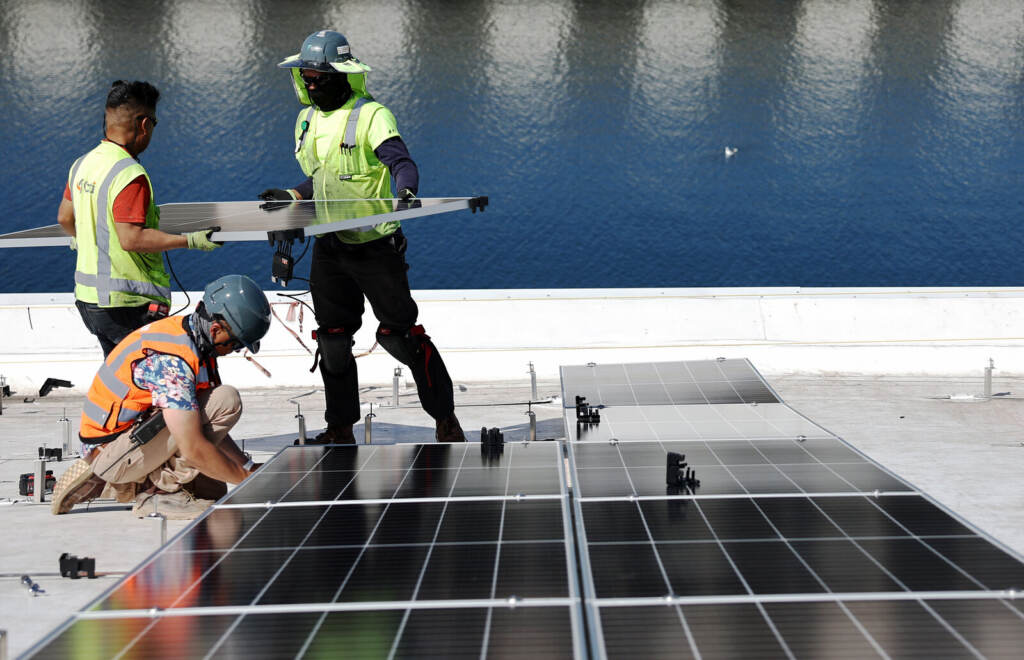 Large Scale Solar Power Unit Installed At Los Angeles Port Location Of Ocean Studies Company AltaSea Workers install solar panels at the Port of Los Angeles.