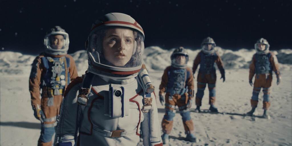 The film Crater vanished from Disney+ after just two months. Above, Isaiah Russell-Bailey as Caleb, left, Mckenna Grace as Addison, Orson Hong as Borney, Thomas Boyce as Marcus and Billy Barratt as Dylan.