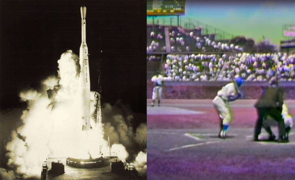 telstarsatellite-phillies On the left is a satellite launch. On the right is footage of a baseball game.
