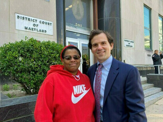 Baltimore attorney Joseph Loveless with Keisha, a tenant he recently represented in rent court. Maryland is among a growing number of places that guarantee lawyers for low-income renters facing eviction. (Keisha didn’t want to give her last name for fear of retaliation from her landlord.) Baltimore attorney Joseph Loveless with Keisha