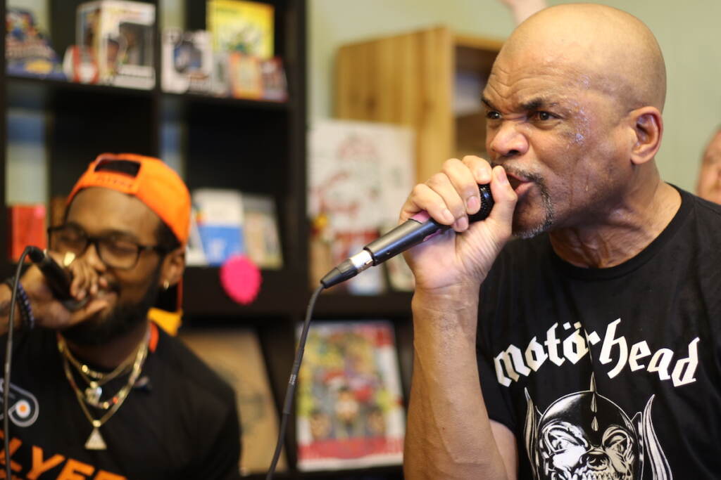 019A2070 Darryl 'DMC' McDaniels took center stage at Cratediggaz Records on Aug. 13, 2023, just days after closing out Hip Hop 50 at Yankee Stadium in front of thousands in New York City. (Cory Sharber/WHYY)