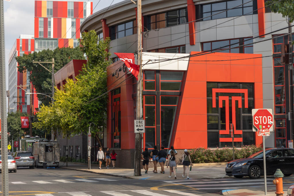 Temple University’s campus in Philadelphia, Pa. (Kimberly Paynter/WHYY) A building with Temple's logo is visible