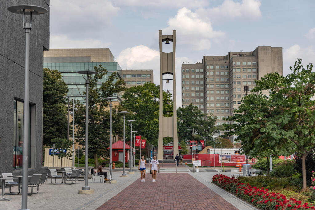Temple University’s campus in Philadelphia, Pa. (Kimberly Paynter/WHYY) A walk way and buildings on Temple's campus.